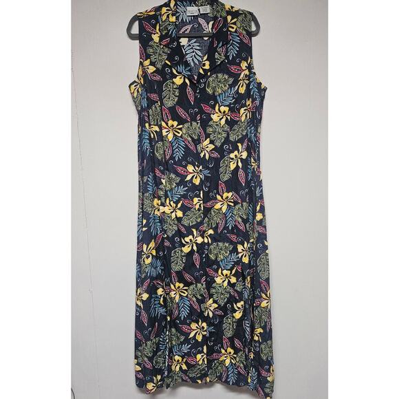 Vintage 90s Long Maxi Floral Blue Yellow Red Tropical Print Dress Size 16W - Picture 1 of 4